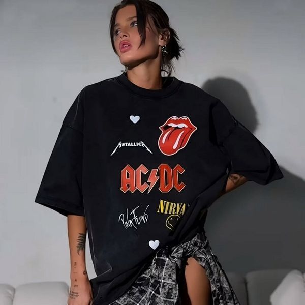 Футболка женская с принтами рок-групп Metallica, AC/DC, Nirvana, Pink Floyd и Rolling Stones, черная, S-M, 140011 140011 фото