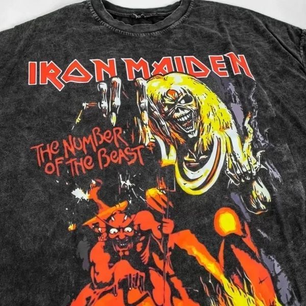 Футболка Iron Maiden з вогненним принтом "The Number of the Beast" виварена, графітова, унісекс, ONE SIZE, 140063 140063 фото