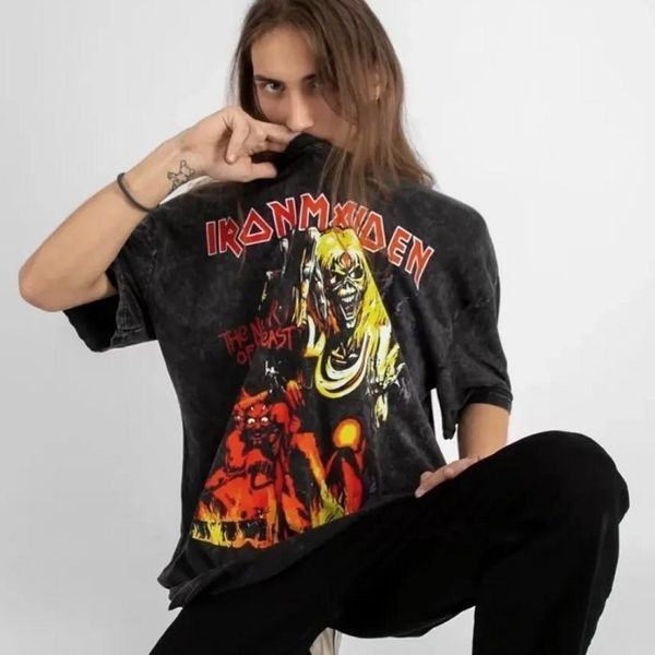 Футболка Iron Maiden з вогненним принтом "The Number of the Beast" виварена, графітова, унісекс, ONE SIZE, 140063 140063 фото