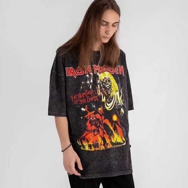 Футболка Iron Maiden з вогненним принтом "The Number of the Beast" виварена, графітова, унісекс, ONE SIZE, 140063 140063 фото