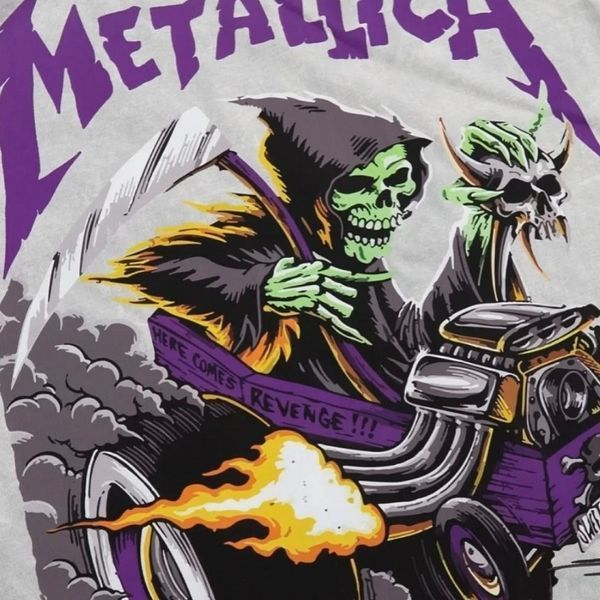 Футболка Metallica з фіолетовим принтом "Скелет на хот-роді", світло-сіра, унісекс, ONE SIZE, 140075 140075 фото