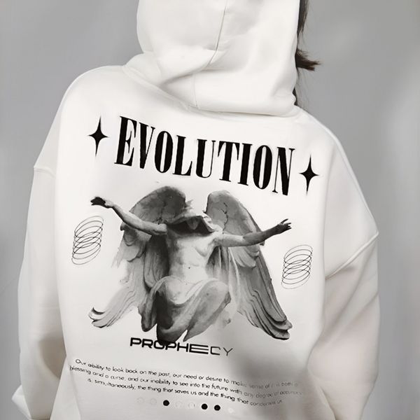 Худі з ангелом та написом "Evolution", біле з чорним принтом, унісекс S-M 140225 140225 фото