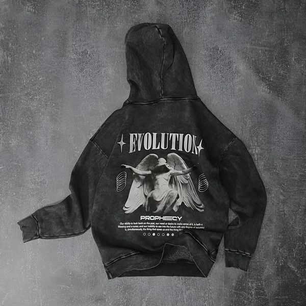Худи с ангелом и надписью "Evolution", вываренное тёмно-серое, унисекс S-M 140226 140226 фото