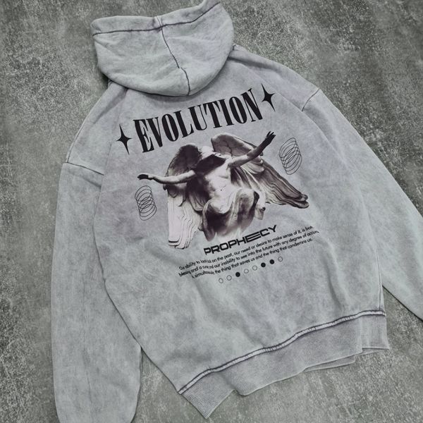 Худи с ангелом и надписью "Evolution", вываренное светло-серое, унисекс S-M 140227 140227 фото