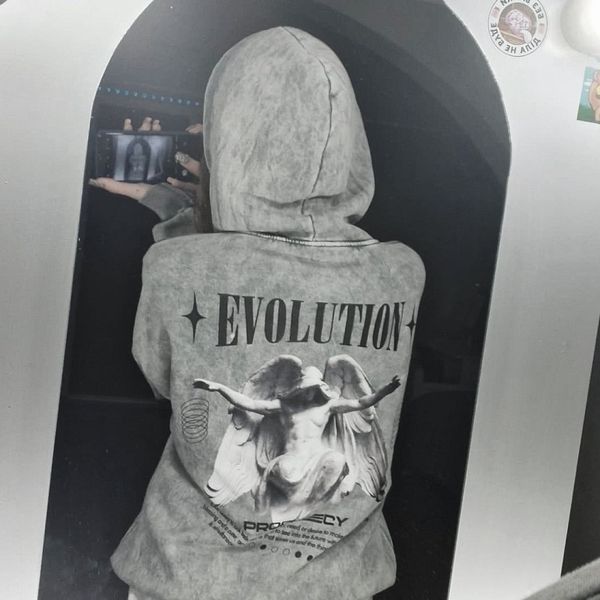 Худи с ангелом и надписью "Evolution", вываренное светло-серое, унисекс S-M 140227 140227 фото