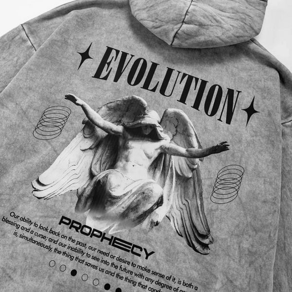 Худи с ангелом и надписью "Evolution", вываренное светло-серое, унисекс S-M 140227 140227 фото