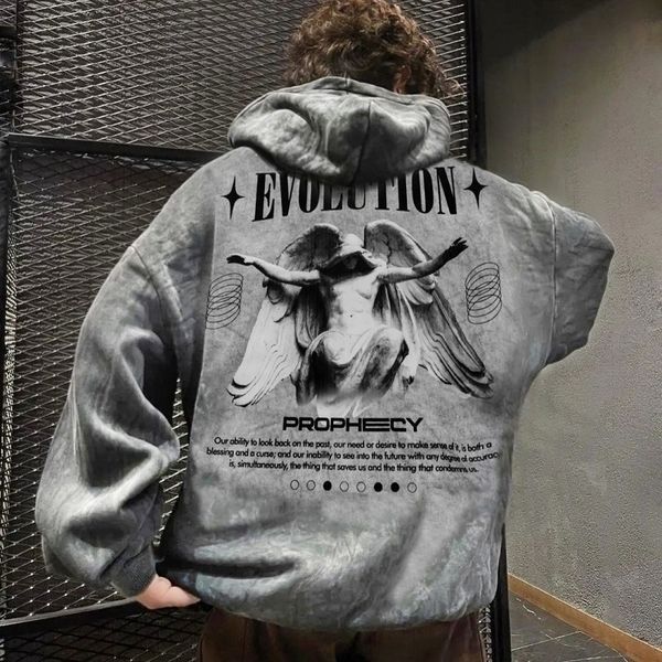 Худи с ангелом и надписью "Evolution", вываренное светло-серое, унисекс S-M 140227 140227 фото