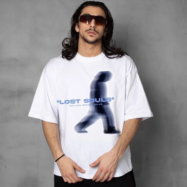 Футболка Lost Souls, белая с черно-голубым принтом унисекс L-XL 140429 140429 фото