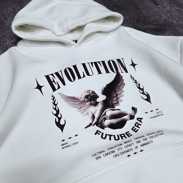 Худі з ангелом та написом "Evolution", біле з коричневим принтом, унісекс S-M 8880000001007 фото