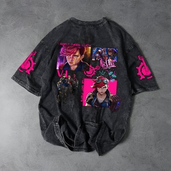 Футболка Gorillaz з аніме-принтом Vi з Arcane, виварений графіт, унісекс ONE SIZE 140347 140347 фото