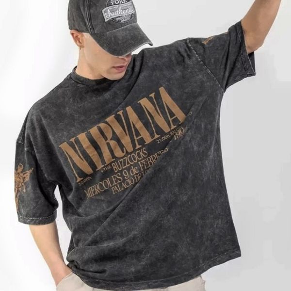 Футболка Nirvana з коричневим концертним принтом, виварена темно-сіра, унісекс, ONE SIZE 140103 140103 фото