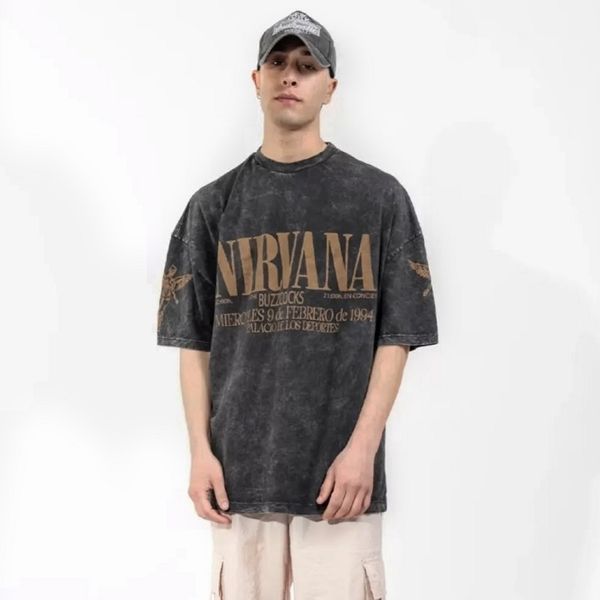 Футболка Nirvana з коричневим концертним принтом, виварена темно-сіра, унісекс, ONE SIZE 140103 140103 фото